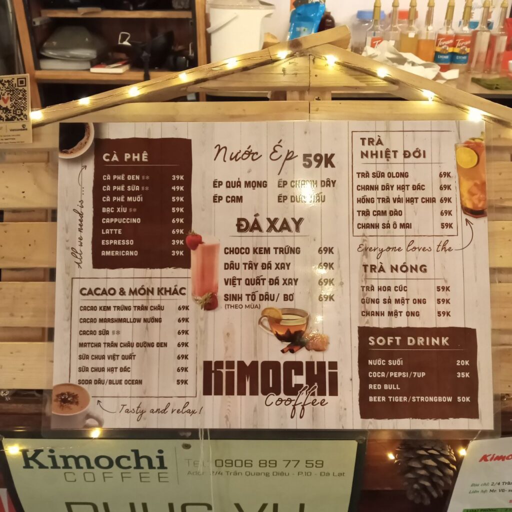 menu nước kimochi coffee, quán kimochi coffee, kimochi coffee có cà phê