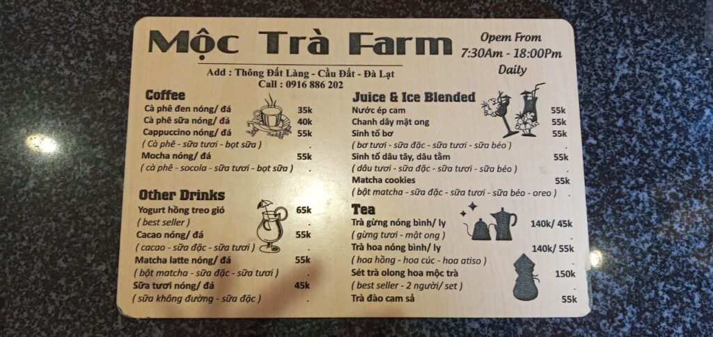 mộc trà farm đà lạt, mộc trà farm đồi chè cầu đất, menu mộc trà farm